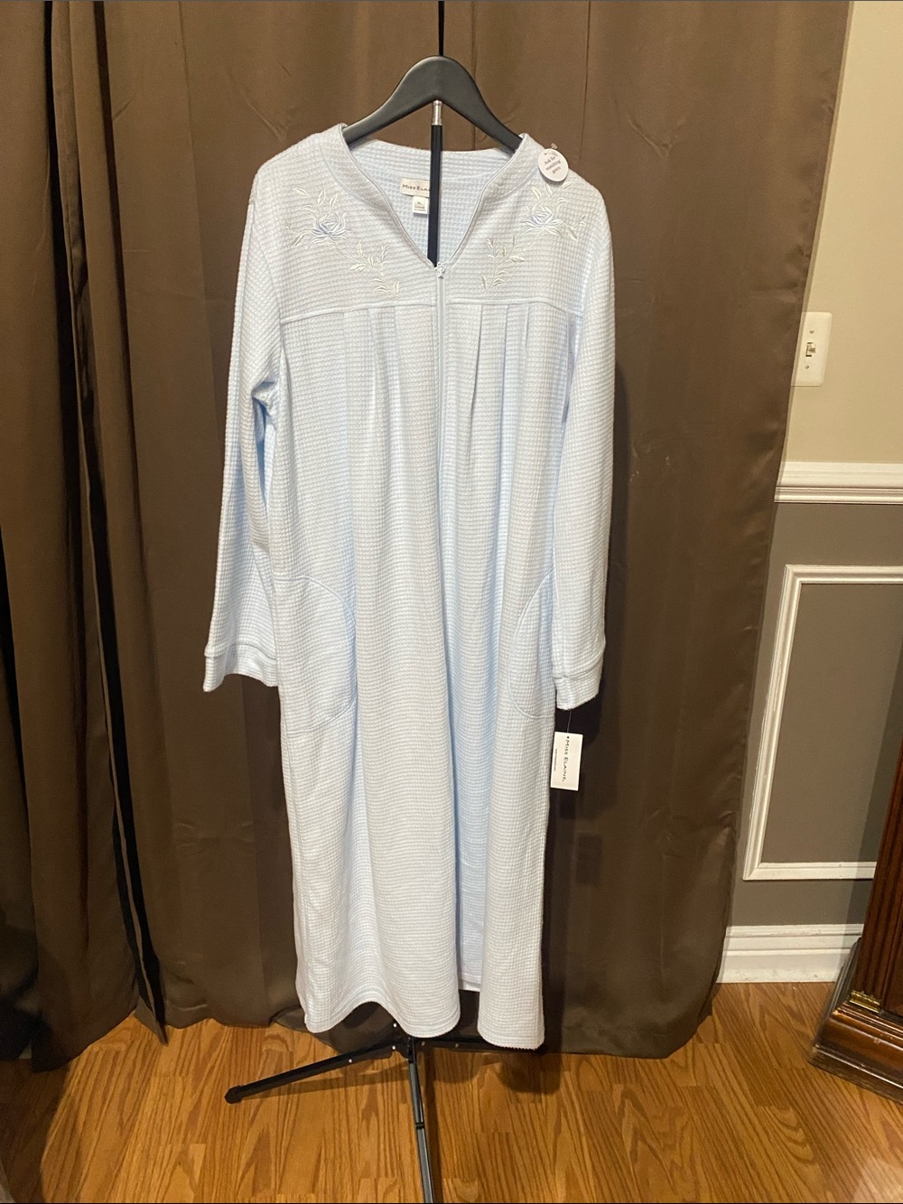 Miss Elaine Light Blue Long-Sleeve Zip Front Nightgown with Embroidered Yoke